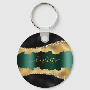 Black gold emerald green agate marble name script keychain