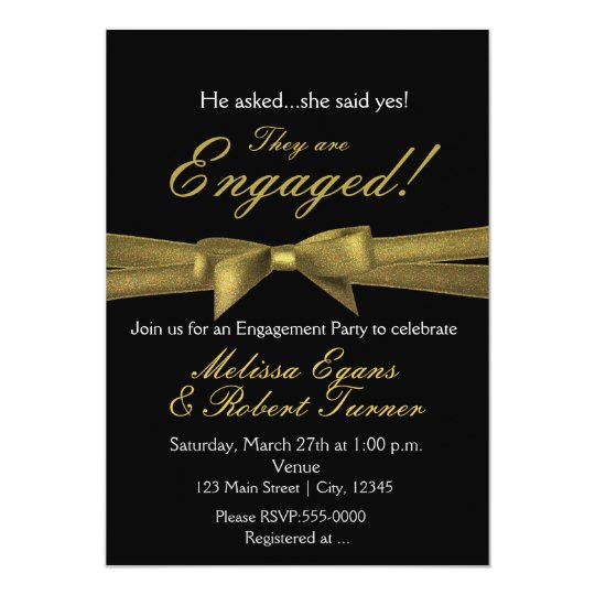 Black & Gold Engagement Chic Bow Party Invitation
