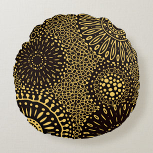 Black Gold Ethnic Floral Decorative Round Pillow
