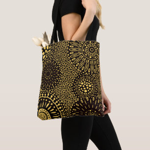 Black Gold Ethnic Floral Pattern Tote Bag