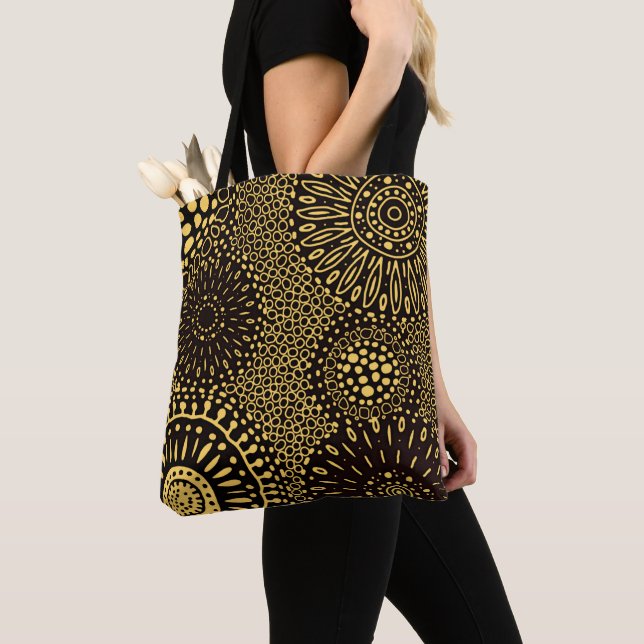 Black Gold Ethnic Floral Pattern Tote Bag (Close Up)