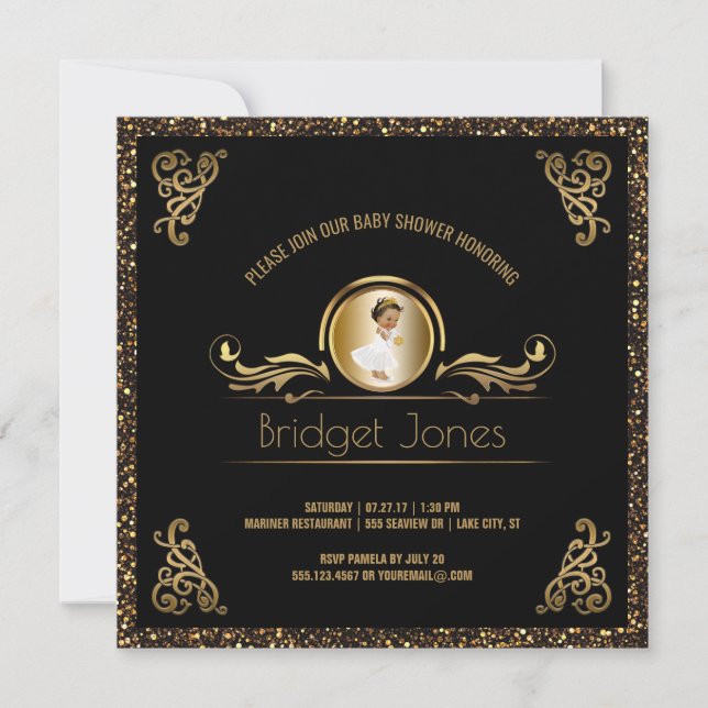 Black Gold Ethnic Princess Girl Baby Shower Invitation (Front)