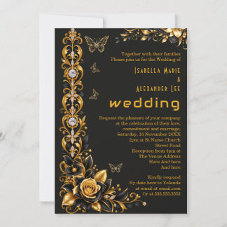 Black Gold Exotic Floral Wedding Invitation