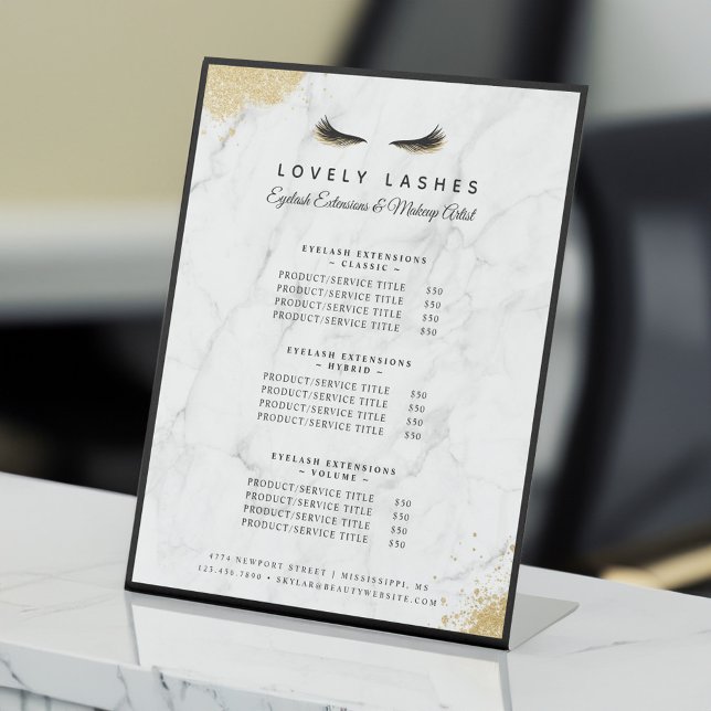 Black & Gold Eyelash Marble Luxury Service List Pedestal Sign (Black & Gold Eyelash Marble Luxury Service List Pedestal Sign)
