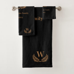 Black gold family monogram initial bath towel set