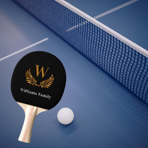 Black gold Family monogram name laurel wreath Ping Pong Paddle