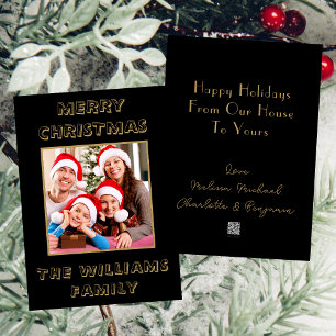 Black & Gold Family Photo   Merry Christmas Holiday Card