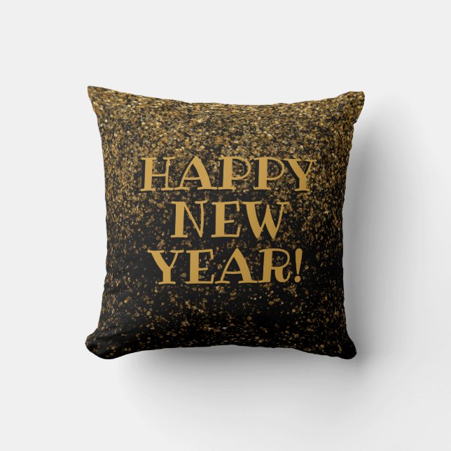 Black Gold Faux Glitter Confetti Happy New Year Throw Pillow (Front)