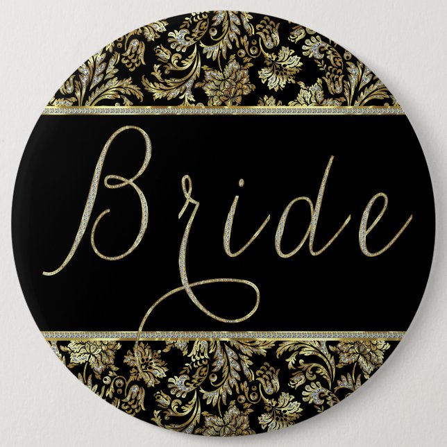 Black, Gold & Faux Glitter Damasks Bride Text 6 Inch Round Button (Front)