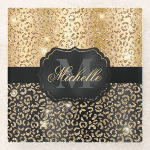 Black & Gold Faux Glitter Glam Leopard Spots Print Glass Coaster