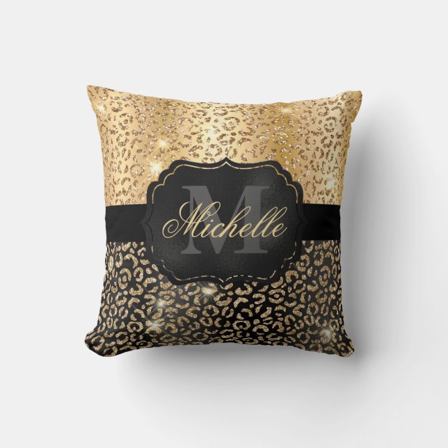 Black & Gold Faux Glitter Glam Leopard Spots Print Throw Pillow (Front)