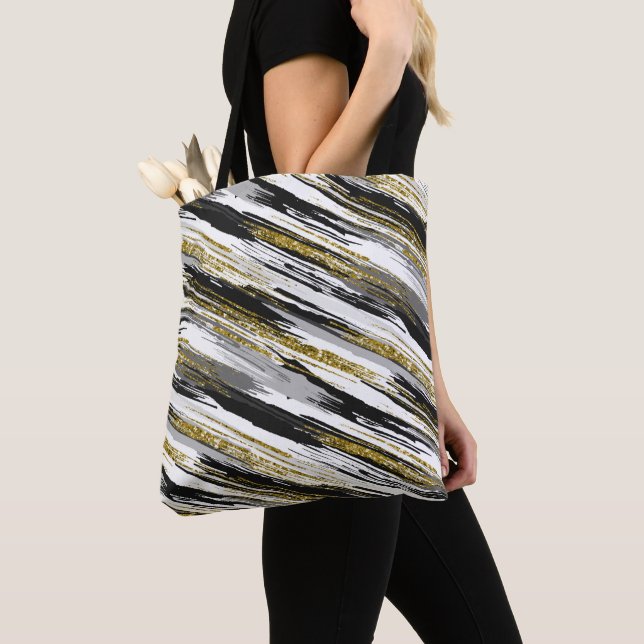 Black Gold Faux Glitter Modern Abstract Tote Bag (Close Up)