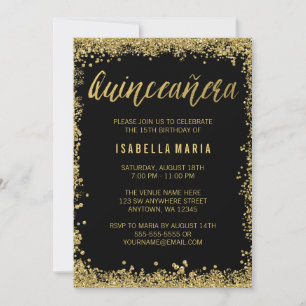 Black Gold Faux Glitter Quinceanera 15th Birthday Invitation