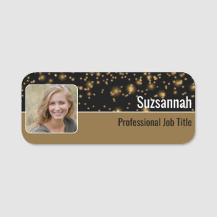 Black Gold Faux Glitter Replaceable Photo or Logo Name Tag