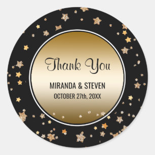 Black Gold Faux Glitter Stars   Wedding Favours Classic Round Sticker