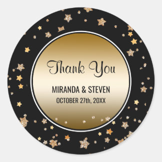 Black Gold Faux Glitter Stars | Wedding Favours Classic Round Sticker