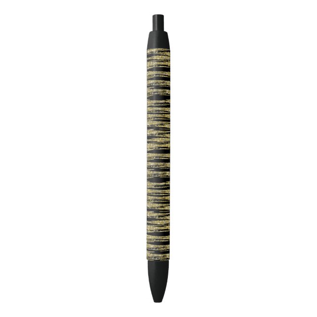 Black Gold Faux Glitter Stripes Black Ink Pen (Front Vertical)