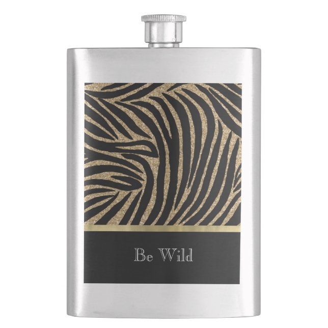 Black Gold Faux Glitter Zebra   Hip Flask (Front)