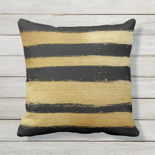 Black gold faux leaf modern brushstrokes stripes outdoor pillow