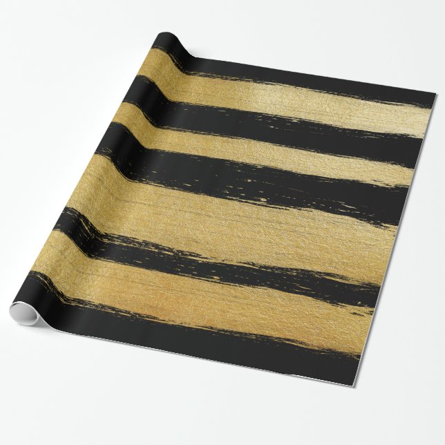 Black gold faux leaf modern brushstrokes stripes wrapping paper (Unrolled)