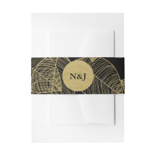 Black & Gold Faux Leaves Modern Wedding Invitation Belly Band