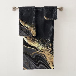 Black Gold Faux Marble Pretty Elegant Bath Towel Set