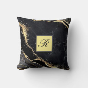 Black Gold Faux Marble Pretty Elegant Monogram Throw Pillow
