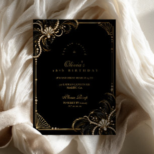 Black Gold Feather Glam 18th Birthday Invitation