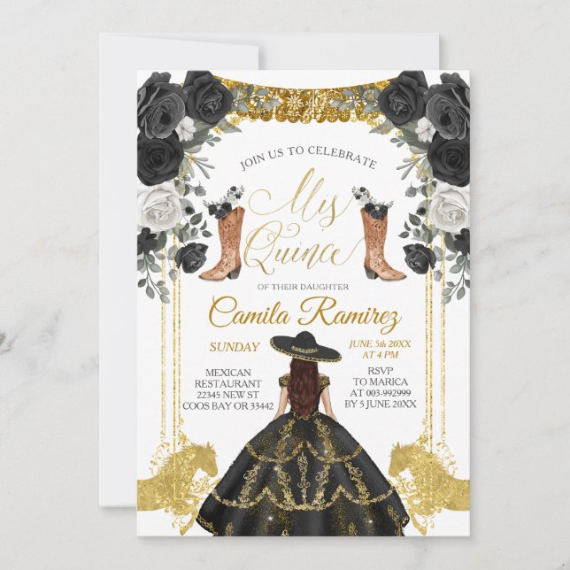Black & Gold Fiesta Butterfly Mis XV Anos Invitati Invitation (Front)