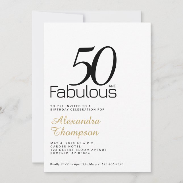 Black Gold Fifty and Fabulous 50th Birthday Party Invitation (Front)