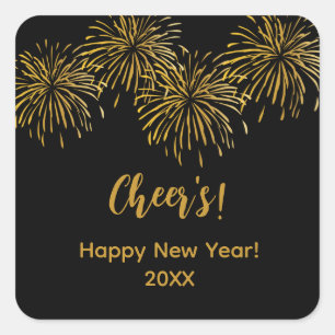 Black Gold Fireworks Happy New Year Party   Square Sticker