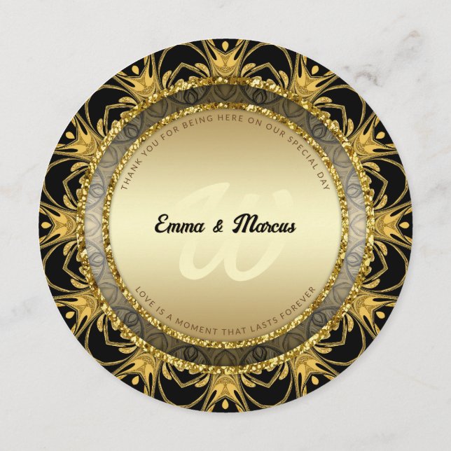 Black Gold Fireworks Wedding Round Menu Card (Back)