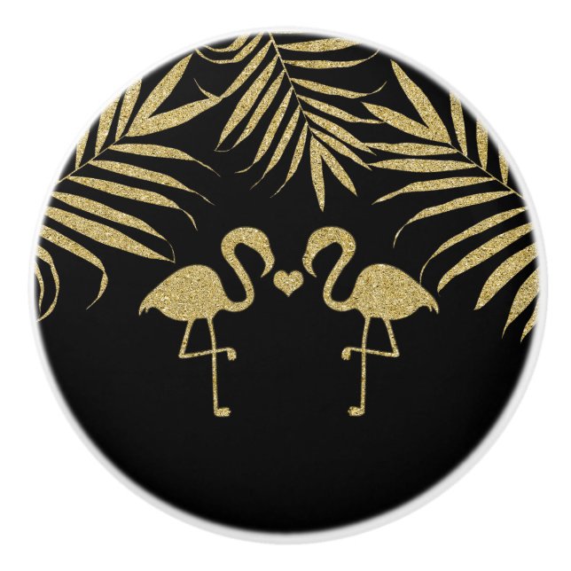 Black & Gold Flamingos Beach Watercolor Elegant Ceramic Knob (Front)