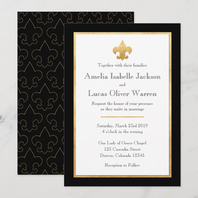Black & Gold Fleur De Lis Faire-part de mariage (Devant / Derrière)