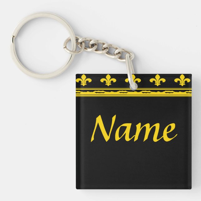 Black & Gold Fleur De Lis  Letters & Numbers Keychain (Front)