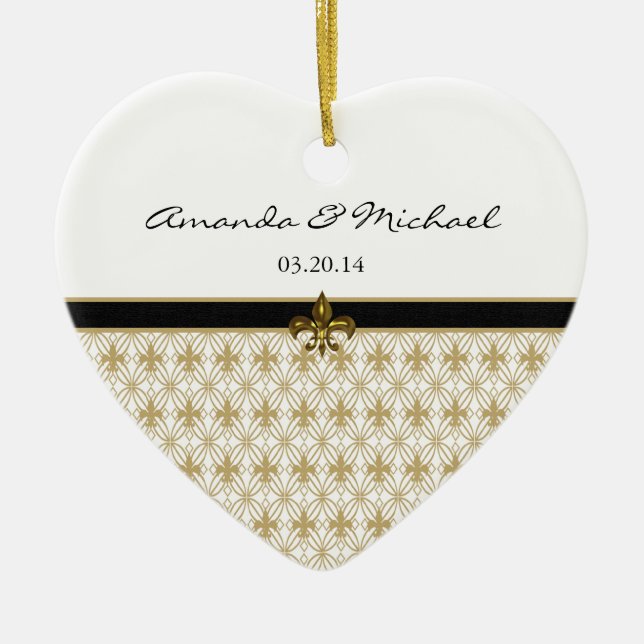 Black Gold Fleur de Lis Pattern Wedding Ceramic Ornament (Front)