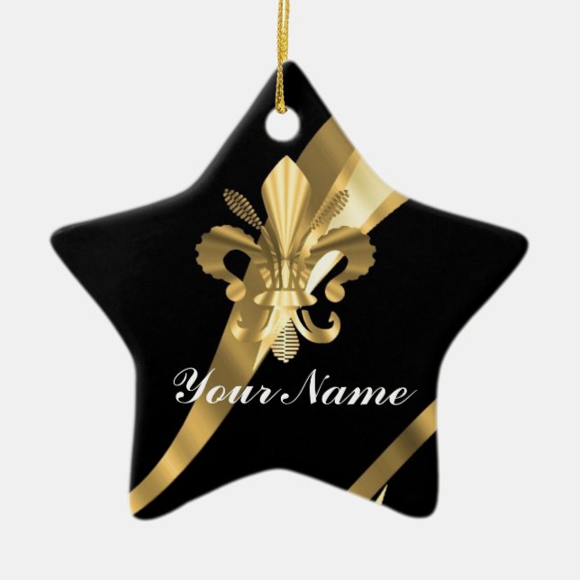 Black & gold fleur de lys ceramic ornament (Front)
