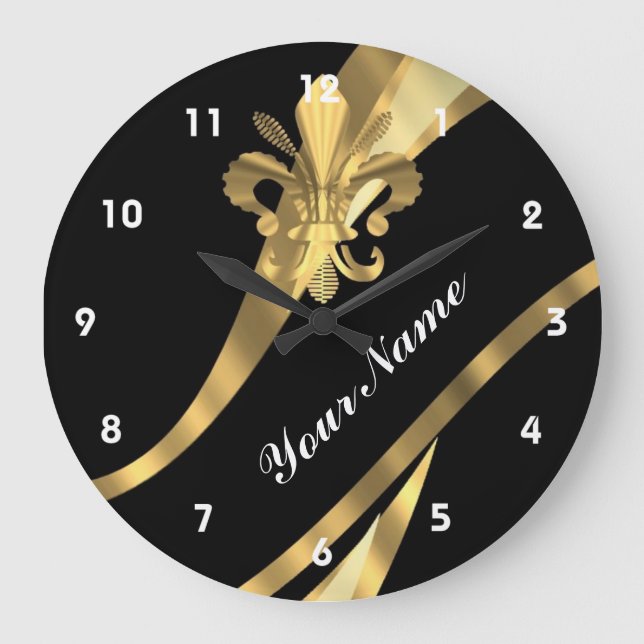 Black & gold fleur de lys large clock (Front)