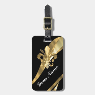 Black & gold fleur de lys luggage tag