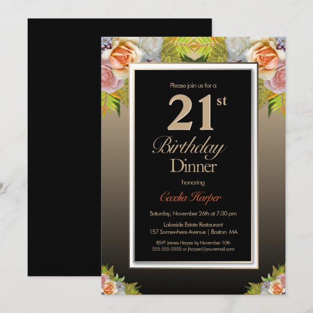 Black Gold Floral 21st Birthday Dinner Invitation (Front/Back)