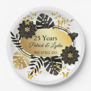 Black & Gold Floral 25th Anniversary - WE STILL DO Paper Plate