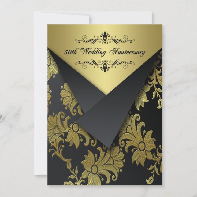 Black, Gold Floral 50th Anniversary Invitation 2 (Front)