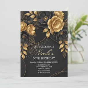 Black & Gold Floral 50th Birthday Invitation