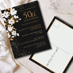 Black Gold Floral 50th Wedding Anniversary Postcard
