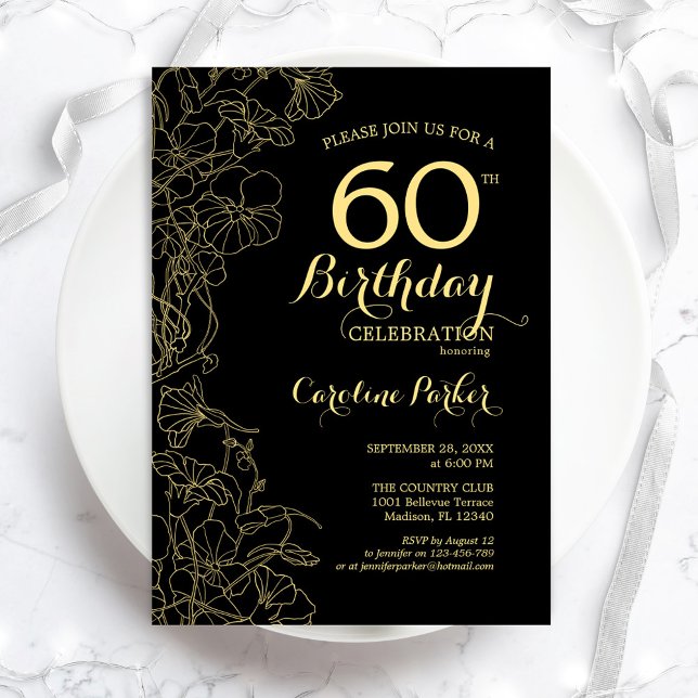 Black Gold Floral 60th Birthday Party Invitation (Creator Uploaded)