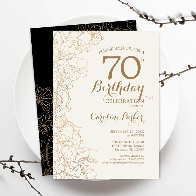 Black Gold Floral 70th Birthday Party Invitation (Creator Uploaded)