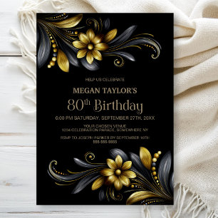 Black Gold Floral 80th Birthday Party Invitation