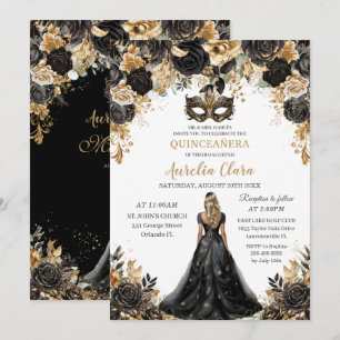 Black Gold Floral Blonde Masquerade Quinceañera Invitation