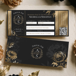 Black Gold Floral Boarding Plane Ticket Wedding Invitation
