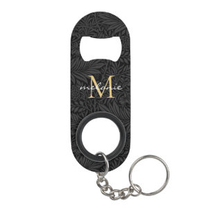 Black Gold Floral Botanical Script Monogram Keychain Bottle Opener